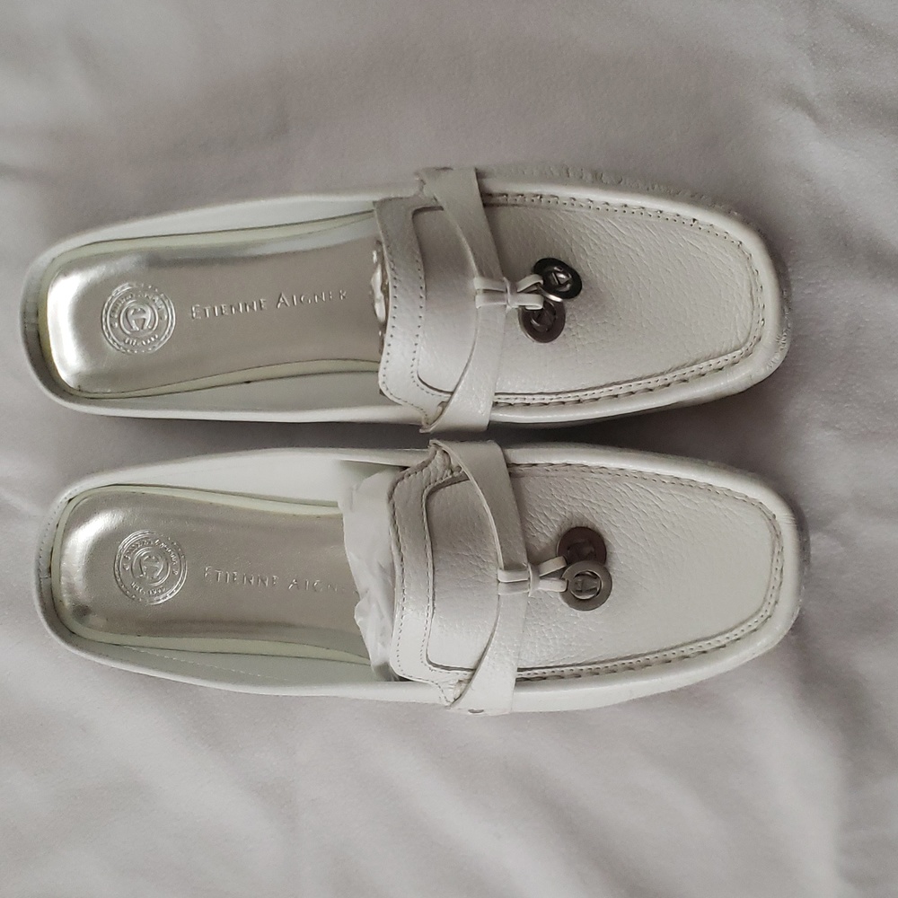 Etienne Aigner White Leather Slip-On Loafers